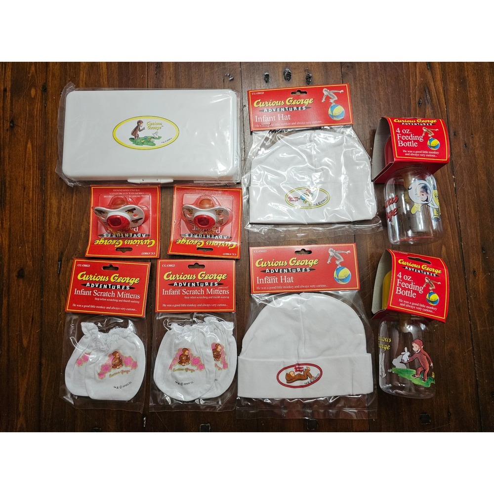 Vintage Curious George Adventures Baby Gift Set Bottles Hats Mittens 9pc Lot